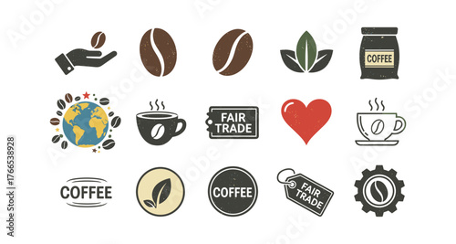 Fair trade coffee icons: eco-friendly and organic coffee elements collection