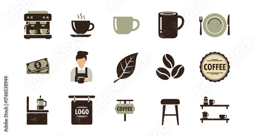 Rustic coffee elements collection featuring cups, beans, barista, and cafe decor icons