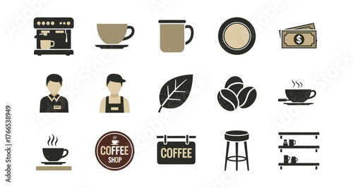 Retro coffee shop icons set: barista, espresso, cup, leaf, badge, sign