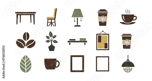 Vintage coffee shop decor elements with rustic texture