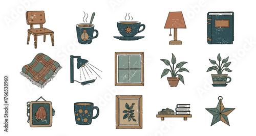 Cozy home elements with rustic touch in hand drawn style