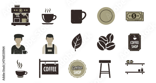 Coffee shop icons: barista, espresso machine, mug, beans, and signage in vintage style