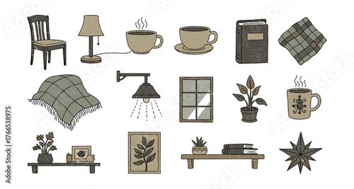 Cozy home elements with rustic decor featuring plants, books, and warm beverages