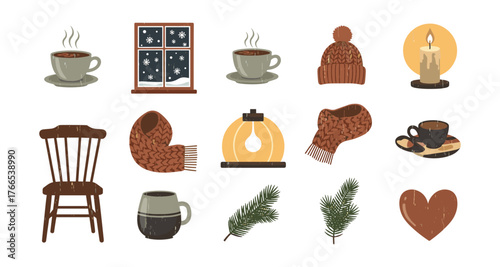 Cozy winter elements: hot drinks, snowy window, and warm accessories