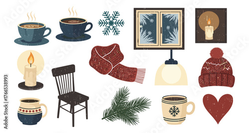 Cozy winter elements with hot drinks, warm clothing, and seasonal decorations