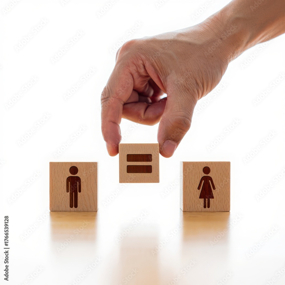 Obraz premium Hand places equality symbol between male and female figures on wooden blocks