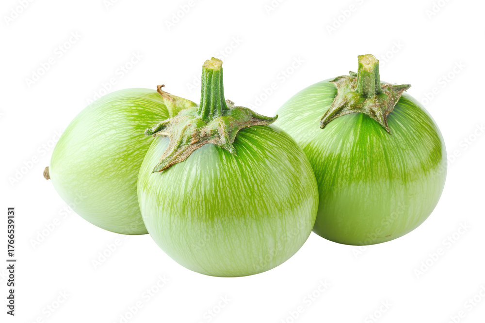 Obraz premium Round green thai eggplants isolated on transparent background. Fresh green eggplant isolated on white background.