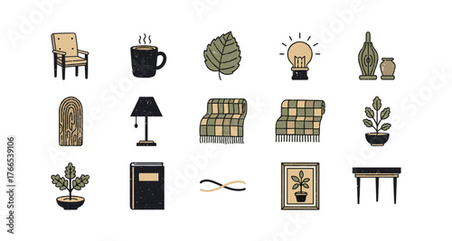 Cozy home decor icons with plants, furniture, and lighting elements
