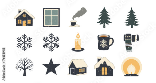 Cozy winter elements: snowy houses, pine trees, and seasonal icons for holiday design