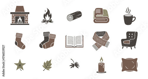 Cozy autumn icons collection featuring knitwear, warm drinks, and comfy home elements