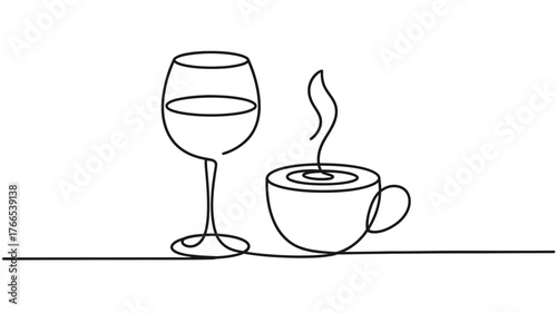 Elegant single line art of a wine glass beside a steaming cup of coffee, perfect for hospitality and lifestyle themes.