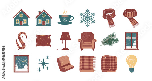 Cozy winter elements with houses, scarves, and seasonal icons in flat design