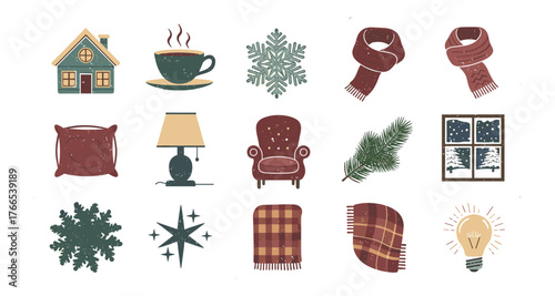Cozy winter elements collection: home, warm drinks, scarves, and snowflakes