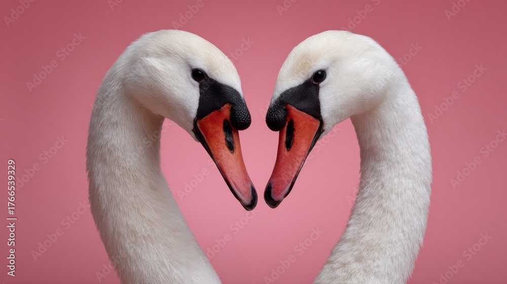 Obraz premium Two swans are facing each other with their beaks touching