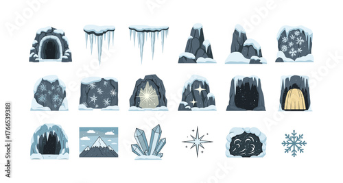 Snowy caves and ice elements set with crystals and falling snowflakes