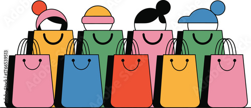 Colorful shopping bags with cartoon faces and hats