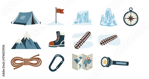 Outdoor adventure icons: camping equipment and mountain exploration set