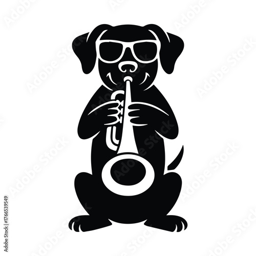Cool dog wearing sunglasses playing trumpet fun silhouette music party concept silhouette