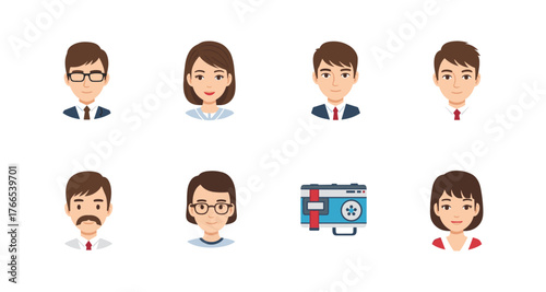 Collection of avatar icons and retro gadget on white background