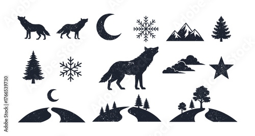 Nature inspired silhouette collection with wolves, forest, and celestial elements