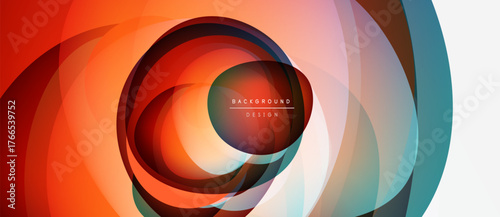 Abstract design features layered circles, vibrant colors. Red, orange, teal blend smoothly creating dynamic visual effect. Modern background element.