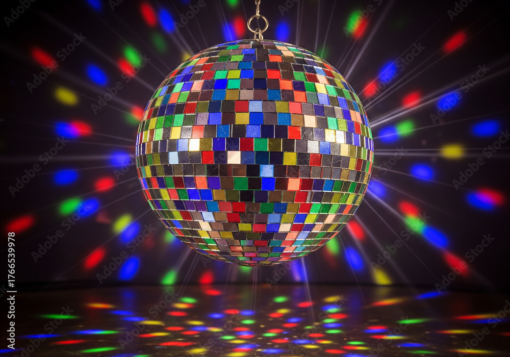 Obraz premium Shiny Disco Ball with Colorful Light Reflections Party, Nightclub, Entertainment Concept.