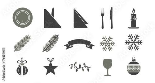 Elegant festive dinner icons: plates, utensils, and seasonal decor silhouettes