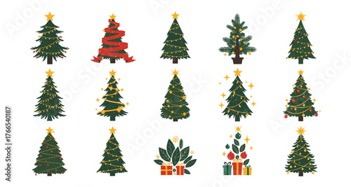 Festive christmas trees collection with decorations and gifts