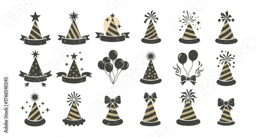Retro party hat collection with balloons in vintage style