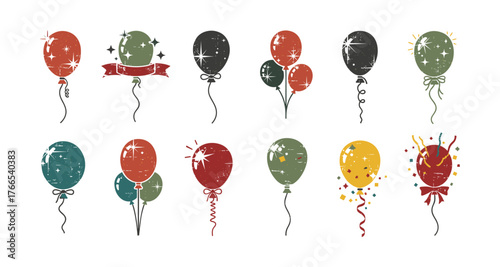Retro style grunge balloons with sparkles and decorations