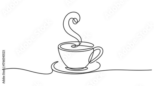 Steaming hot cup of coffee artfully drawn with a single continuous line evoking warmth and comfort