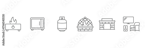 Backyard firepit line icon. Outdoor kitchen icon set. kitchen, patio, fireplace, chiminea, pizza oven, firewood, propane tank. Vector illustration.