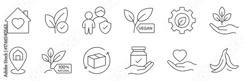 Ethical production line icon set. Pictograms of eco, friendly, vegan, plastic free, organic ingredients, certified, non toxic. Vector illustration.