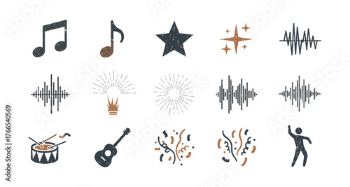 Retro music and rhythm icons set with star and sparkle elements