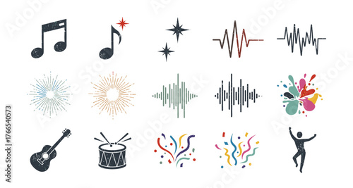 Music and celebration icons collection: notes, instruments, sound waves, and festive elements