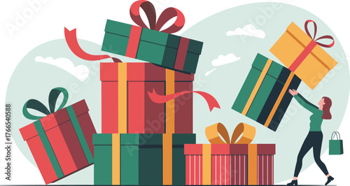 Woman reaching for stacked gift boxes with ribbons