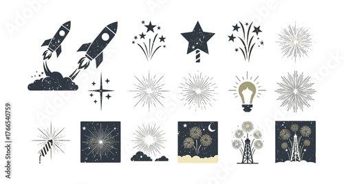 Retro rocket and fireworks icons with stars and light bulb motif in vintage style