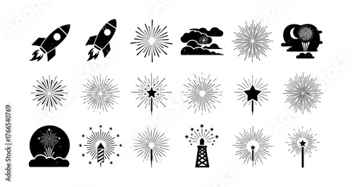 Retro firework celebration icons in black silhouette style