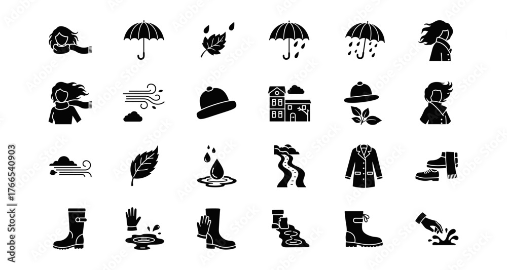 Naklejka premium Weather icons set: wind, rain, and autumn elements in silhouette style