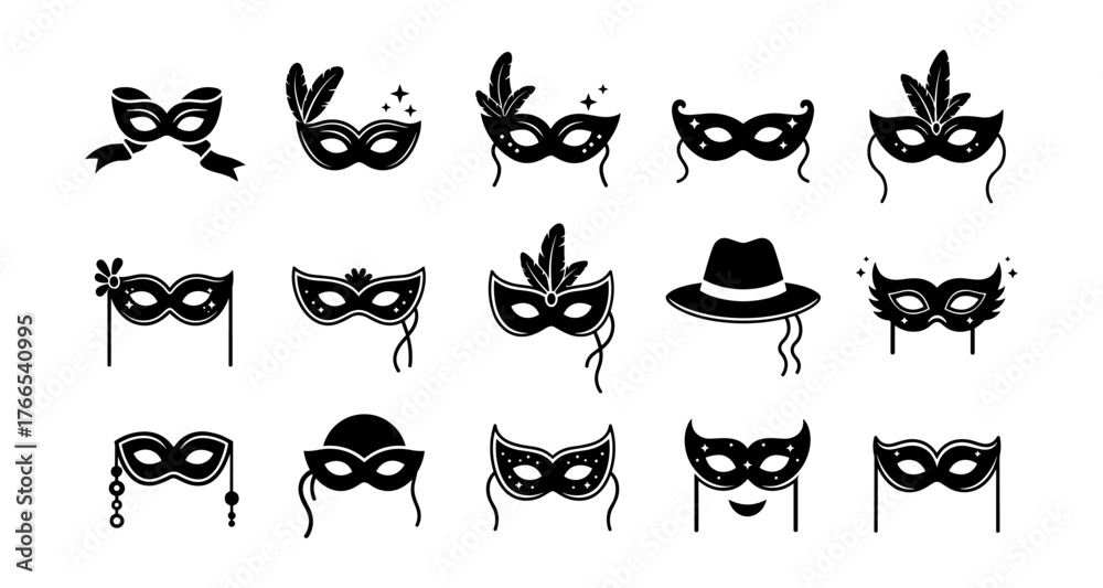 Naklejka premium Elegant silhouette collection of carnival and masquerade masks with decorative elements