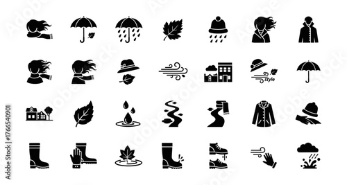 Silhouette icons of autumn: wind, rain, and cozy clothing
