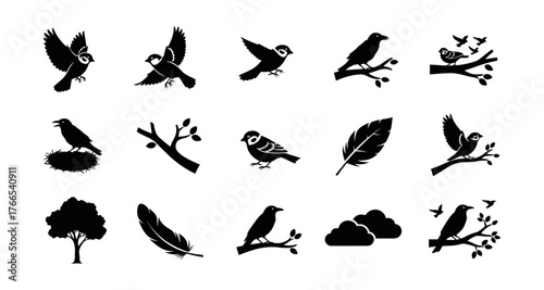 Bird silhouette collection: nature inspired black icons with trees and leaves