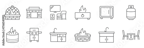 Backyard firepit line icon set. Outdoor kitchen icon set. Fireplace, burning logs, firewood stack, flame, charcoal, grill grate and more. Vector illustration.