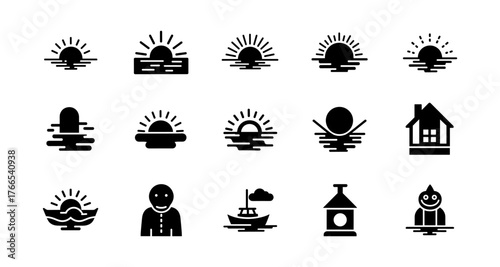 Minimalist sunset and landscape icons with silhouette elements for versatile use