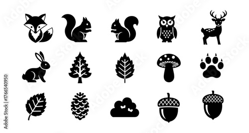 Nature silhouettes: woodland animals and plants icons collection