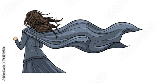 Mysterious woman in flowing cape with wind-blown hair