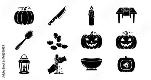 Halloween icon set: pumpkins, candle, knife, and more in silhouette style