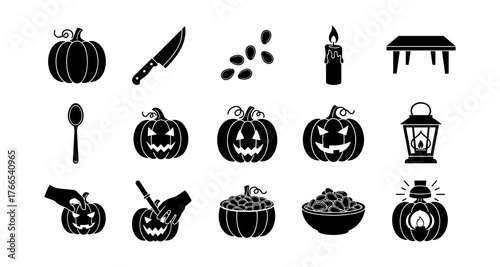 Silhouette halloween elements: pumpkins, candles, knives, and lanterns for festive designs