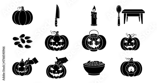 Halloween silhouette icons: pumpkin faces, candles, and utensils for festive designs