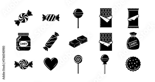 Black and white candy icons collection with chocolate and sweets in minimalist style